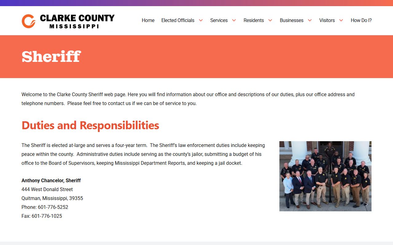 Official Clarke County Sheriff page showing sheriff contact and jail docket duties