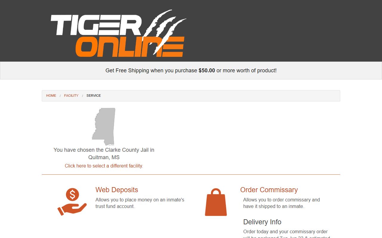 Tiger Commissary page for Clarke County Jail web deposits and commissary orders